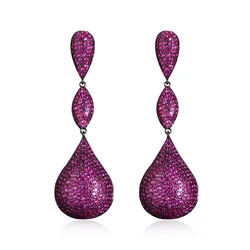 CWWZircons Luxury Big Water Drop Balls Long Earrings Micro Pave Hot Pink Red Cubic Zircon Jewelry for Women Bridal Wedding E0392