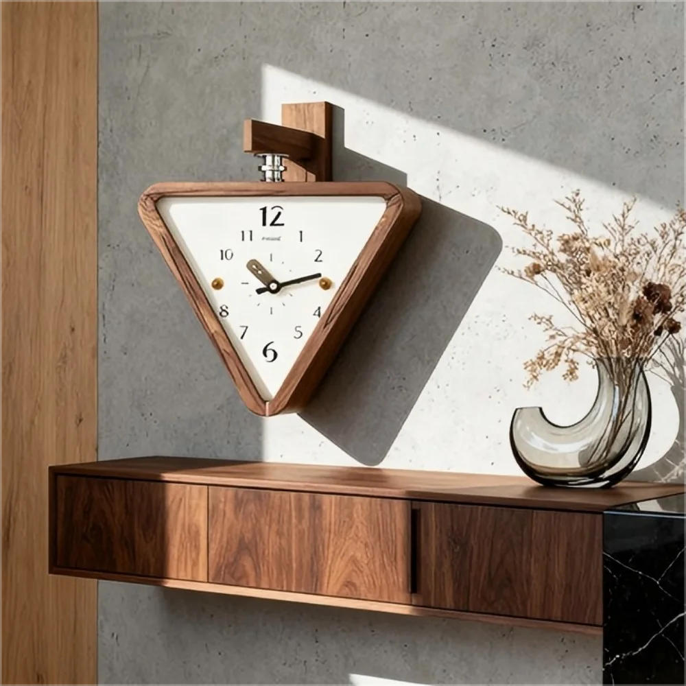 Solid Wood Double-sided Triangular Wall-mounted Clock with Creative and Simple Design, Suitable for Corner Wall Hanging.