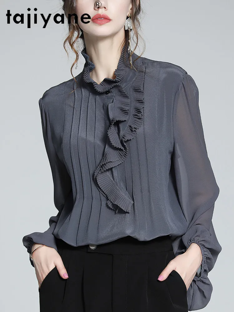TAJIYANE 100% Mulberry Silk Blouse Woman Luxury Ruffled Ladies Tops Fashion Grey Blue Shirts New Spring Women Clothes 2026 블라우스