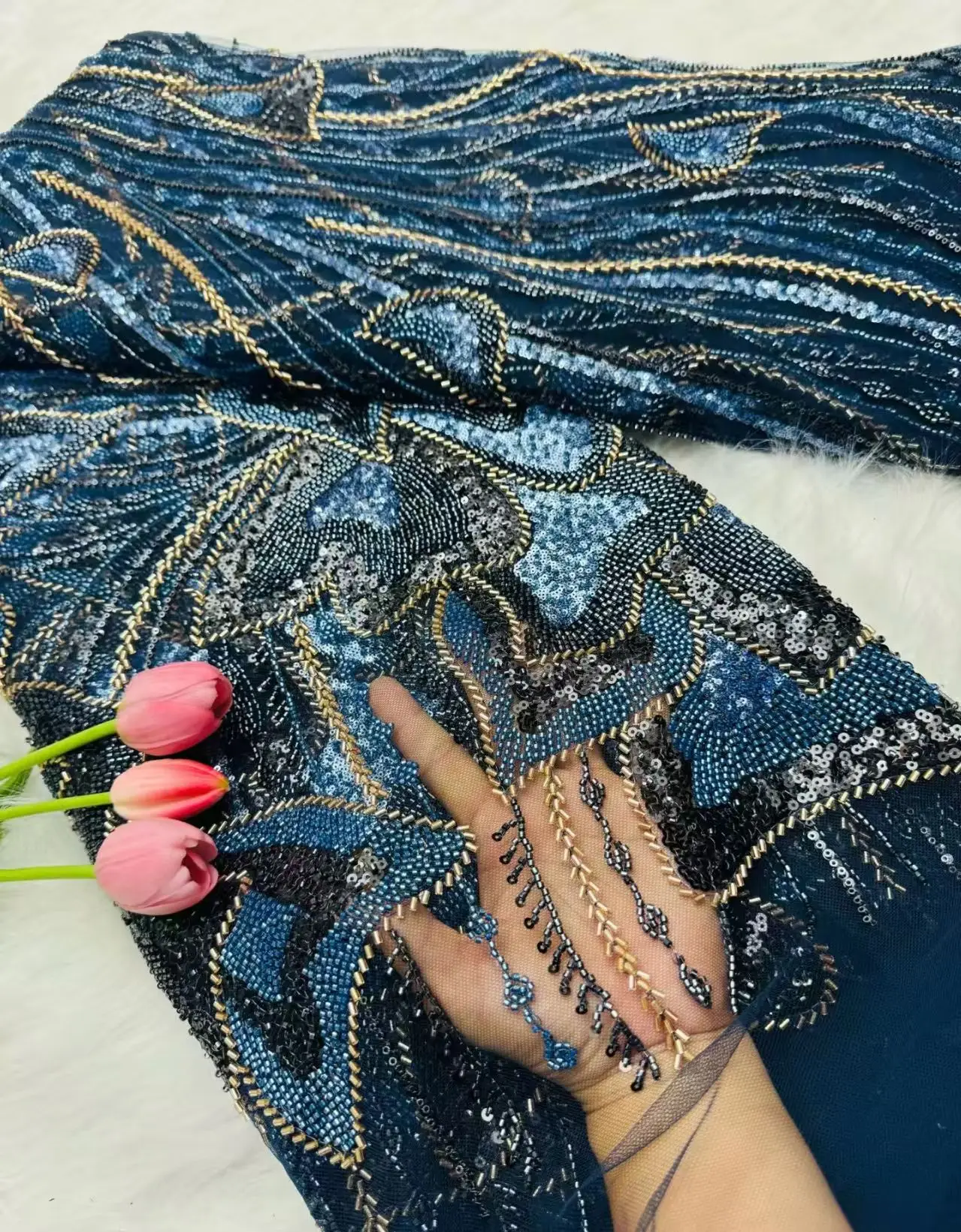 

Роскошная африканская сетчатая кружевная ткань с тяжелыми бусинами, новинка 2026, нигерийское сетчатое кружево с блестками для шитья свадебного платья, женское роскошное