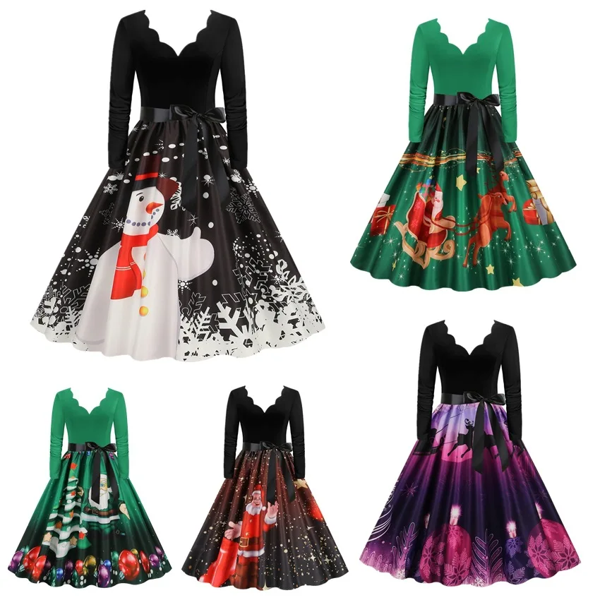 New Christmas style fashionable and casual slim fit long sleeved floral V-neck printed grand dress dress