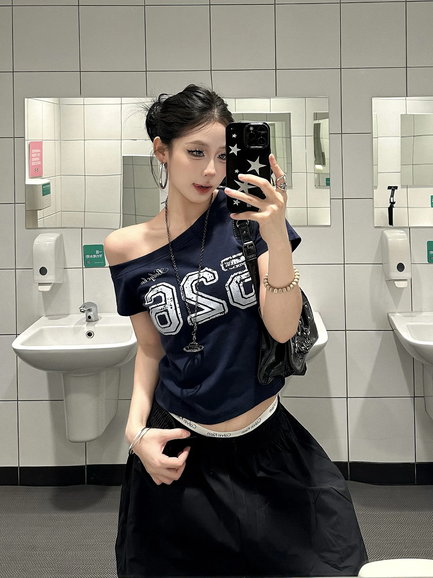

Street Style Short Sleeve T-Shirt Women's Summer Hot Girl Slant Shoulder Short Length Slant Collar Casual Top Tagkita Brand