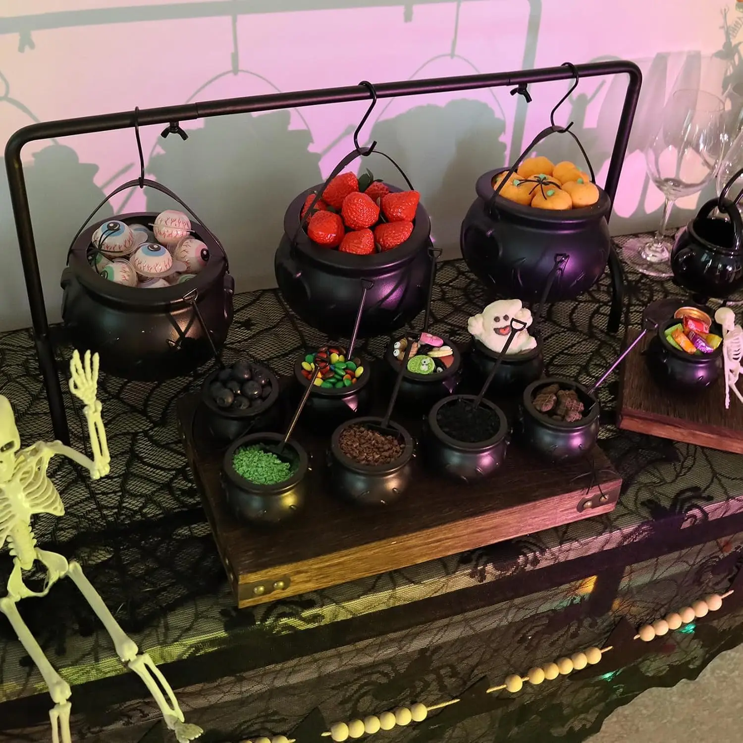 Set of 3 Witches Cauldron Candy Serving Bowls on Rack, Halloween Party Decorations,Black Plastic Candy Cauldron for Table Decor