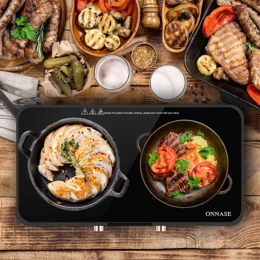 Cooktop de indução dupla, 2 queimadores com grelha removível de ferro fundido, antiaderente, fogão de indução portátil de 1800W