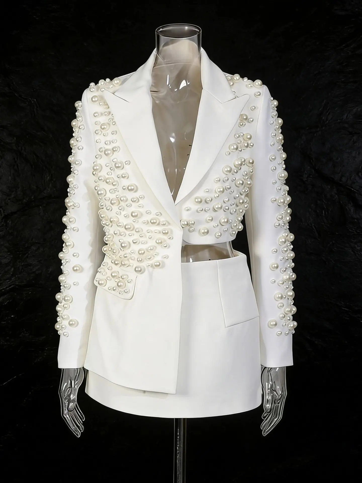  Beaded Short Asymmetric Baring Women's Suiting Jacket Skirt Two-Piece Set High Waist Spring Fashion Ensemble