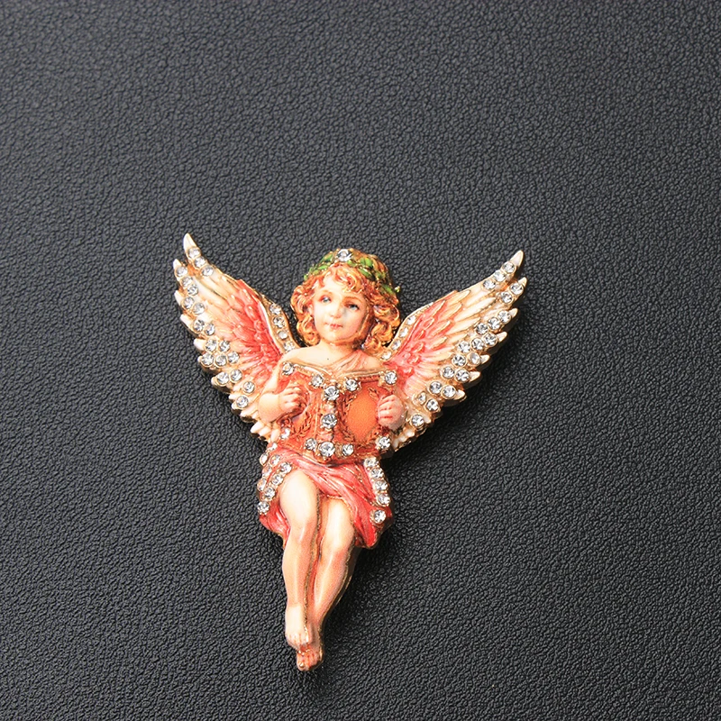 Vintage Angel Brooch Enamel Rhinestone Cupid Lapel Pin Alloy Wing Cherub Reading Book Brooch Women Clothing Jewelry Gift