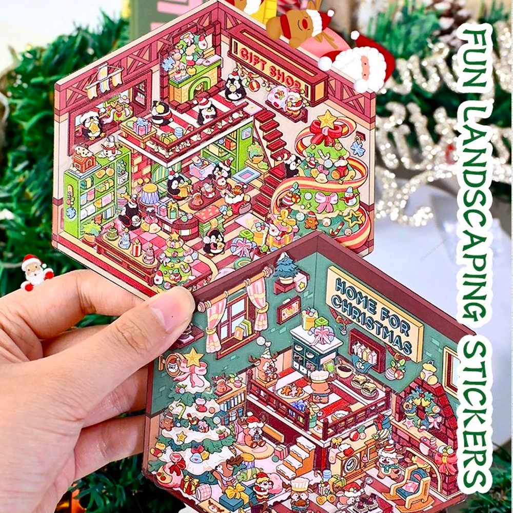 Top 40-1Pcs Christmas Diy 3D Landscaping Stickers Miniature Scene Cabin Stickers Scene Stacking Pasting Cute Adult Child Gift