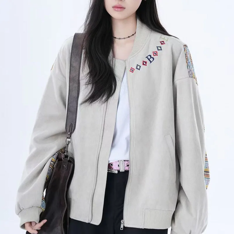 American Vintage Jacket Women Autumn Jacquard Woven Patchwork Loose Zipper Coat Retro Letter Long Sleeve Casual Baseball Jacket
