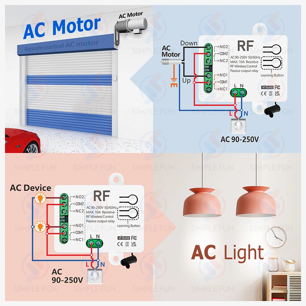 433MHz Wireless Remote Control Light Switch 2 CH,AC 110V 220V RF Relay,500m Control Distance,for Lamp/Motor/Garage Door Opener