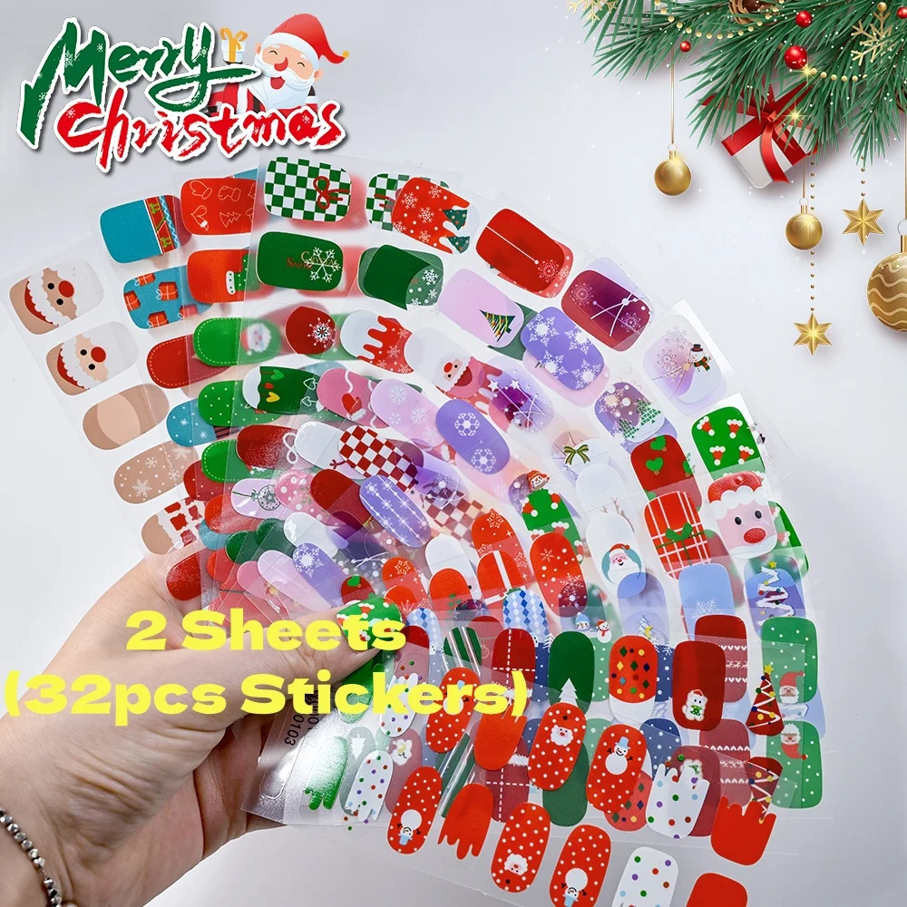 2 fogli (32 adesivi) Albero di Natale/Fiocco di neve/Papbo Natale Adesivi per smalto Cursore per unghie natalizio Non è necessaria la lampada Decalcomania per unghie