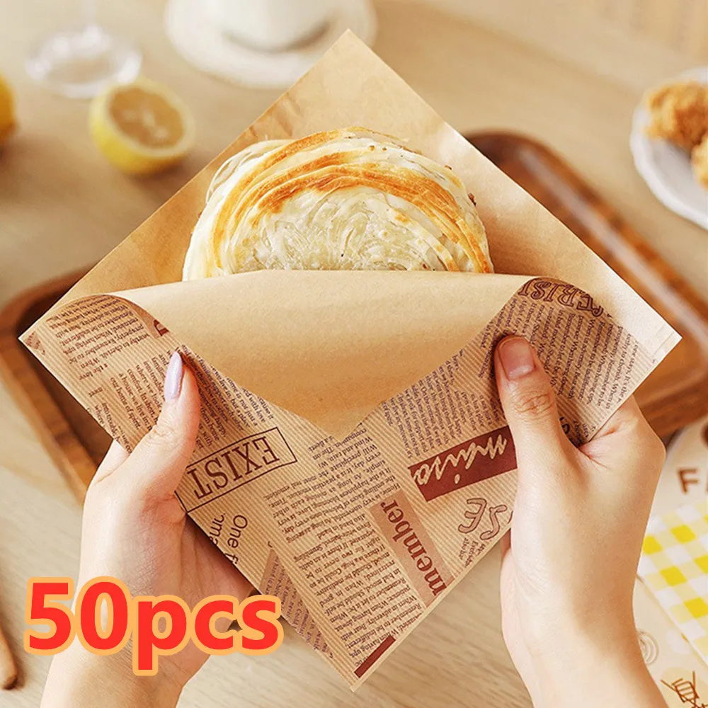 50Pcs/Lot Cute Cartoon Square Sandwich Wrapping Paper Oil-proof Donut Toast Bread Bag Hamburger Paper Food Packing Home Pouches