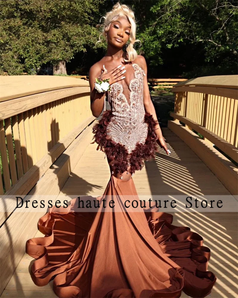 

Sparkly Crystals Rhinestones Prom Dresses 2024 For Black Girl Feathers Formal Dress Mermaid Evening Dresses Wedding Party Gowns