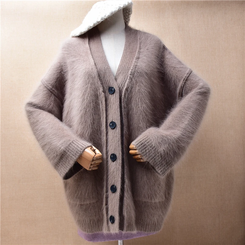 Jerseys Mujer Women Autumn Winter Clothing Hairy Mink Cashmere Knitted Long Sleeves V-Neck Loose Cardigans Angora Sweater Jacket