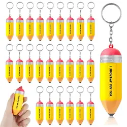 25Pcs Pencil Keychains Bulk PU Squeeze Keychains Cute Teacher Key Chains Pencil Shaped Stress Balls Teacher Appreciation Gifts