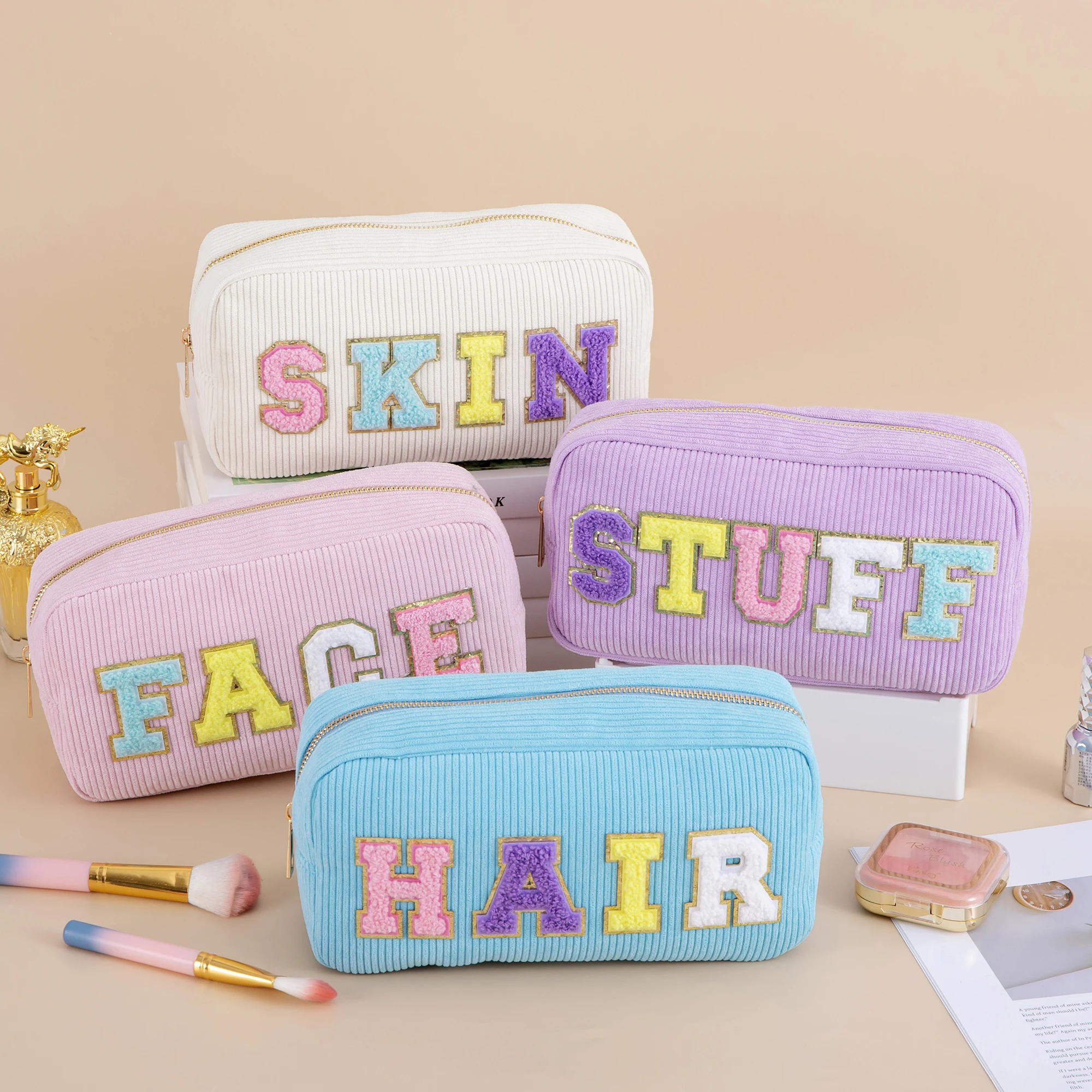 Women Girls Travel Corduroy Chenille Letters Patch Skincare Face Hair Stuff Makeup Cosmetic Bag for Daily Use