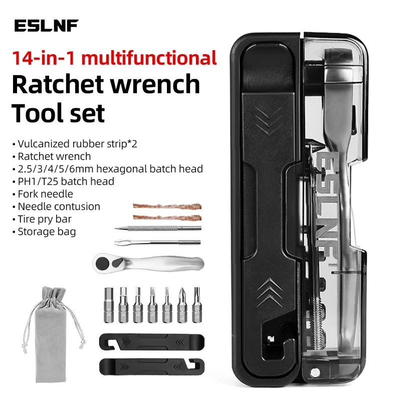 ESLNF Bike Ratchet Wrench Set Multifunctional Allen Key Tools Tyre Lever Quick Release Wrench Gadgets for Bicycle Repair