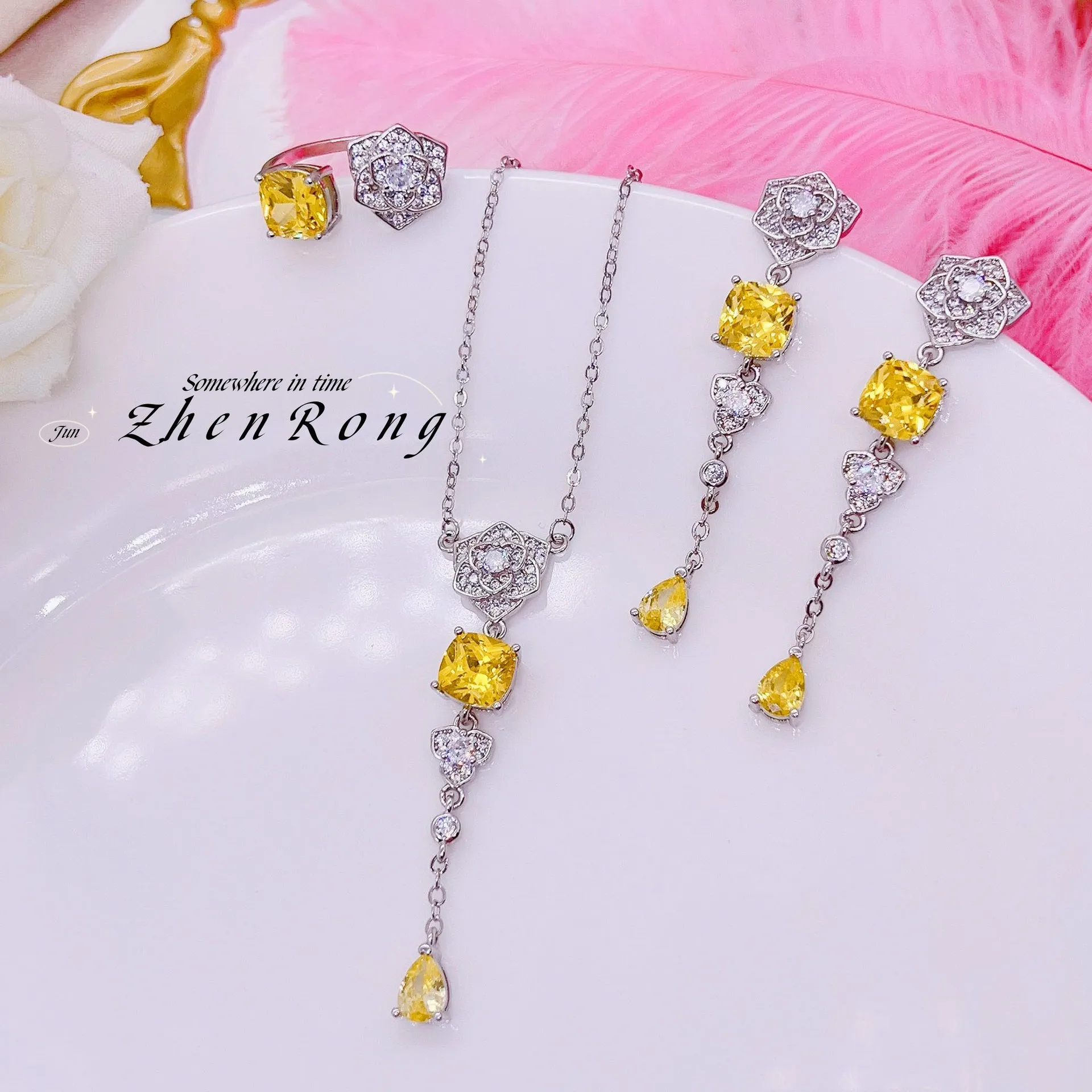 2023 New Arrival 925 Sterling Silver Water Drop Zircon Jewelry Set Female Luxury Wedding Engagement Flower Ring/Earring/Necklace