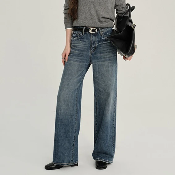 джинсы Blue High Waist Wide Leg Denim Jeans Women Autumn 2026 Washed Texture Pleated Feeling Straight Leg Pants Cotton Material