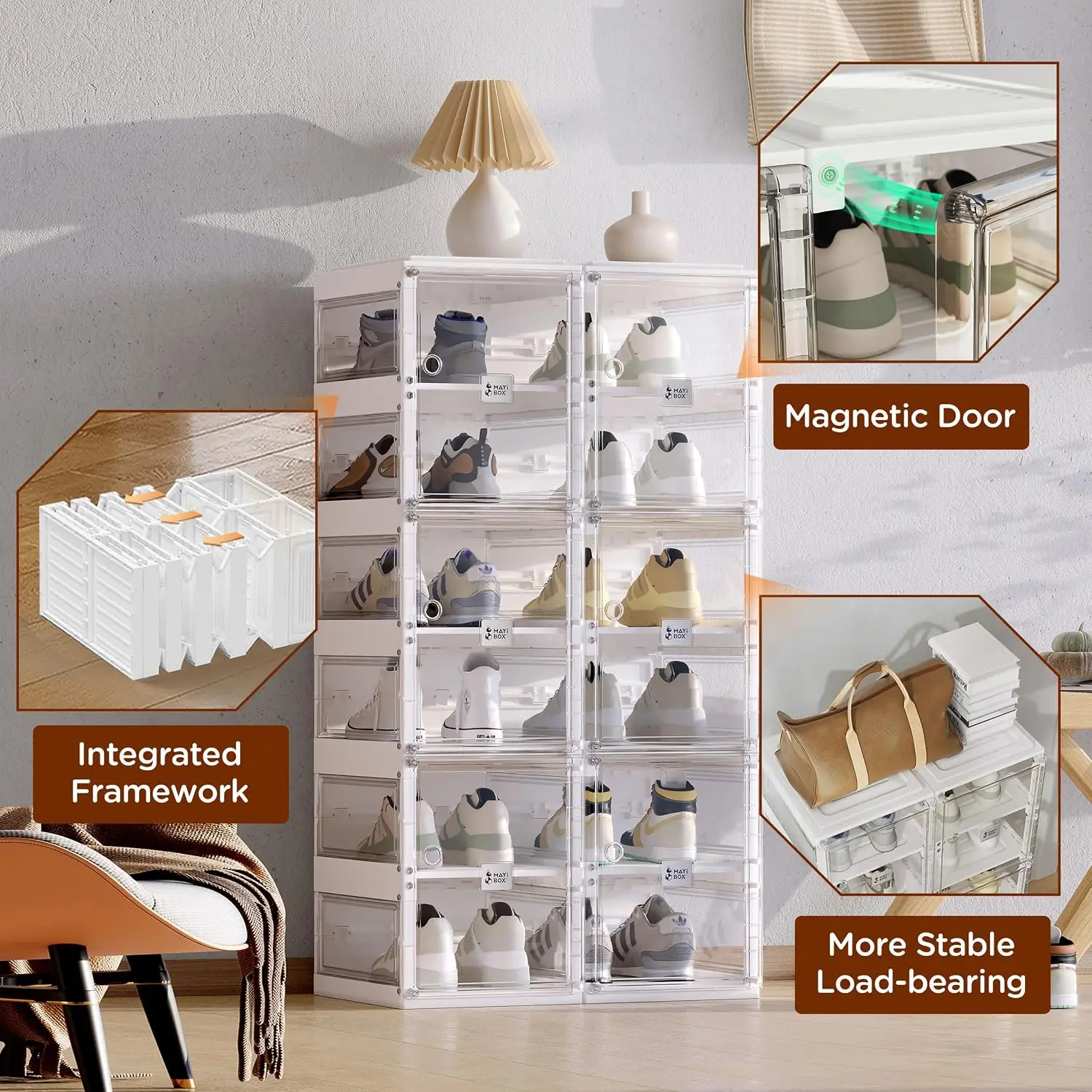 Foldable Shoe Rack Organizer Plastic Storage Box Stackable Cabinet Magnetic Clear Door 8 Tiers 16 Pairs, Customized