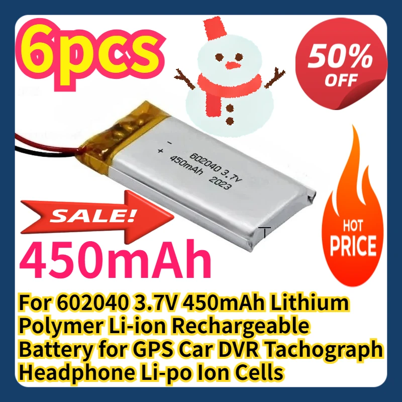 For 602040 3.7V 450mAh Lithium Polymer Li-ion Rechargeable Battery for GPS Car DVR Tachograph Headphone Li-po Ion Cells