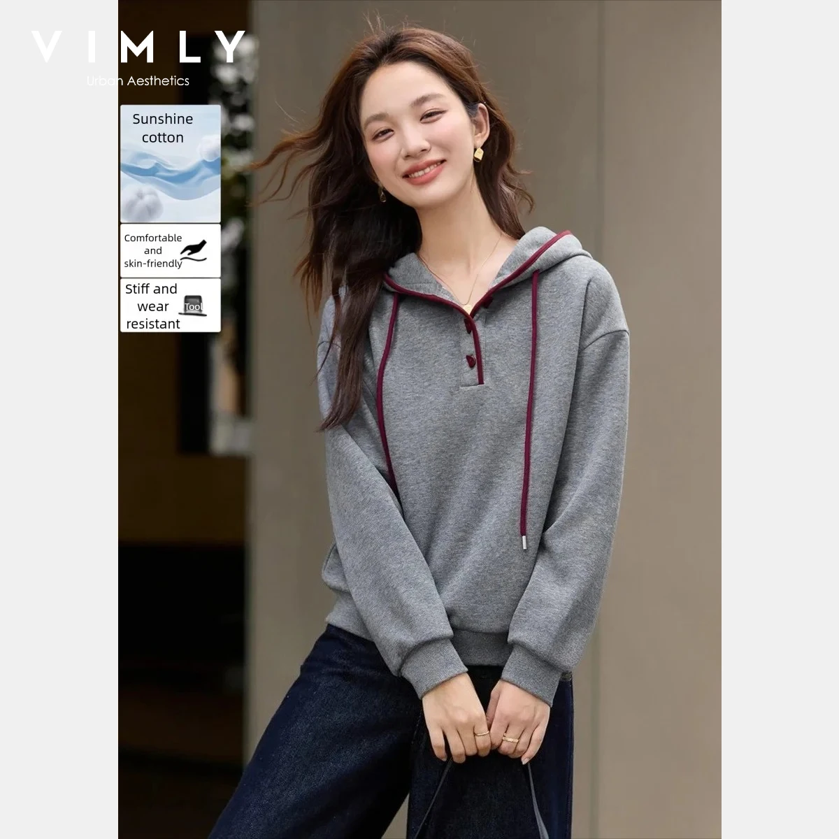 VIMLY 여성용 회색 후드티 심플한 면 혼방 플리스 안감 대비 색상 스웨트셔츠 2025 오버사이즈 두꺼운 여성 겨울 상의 A3537