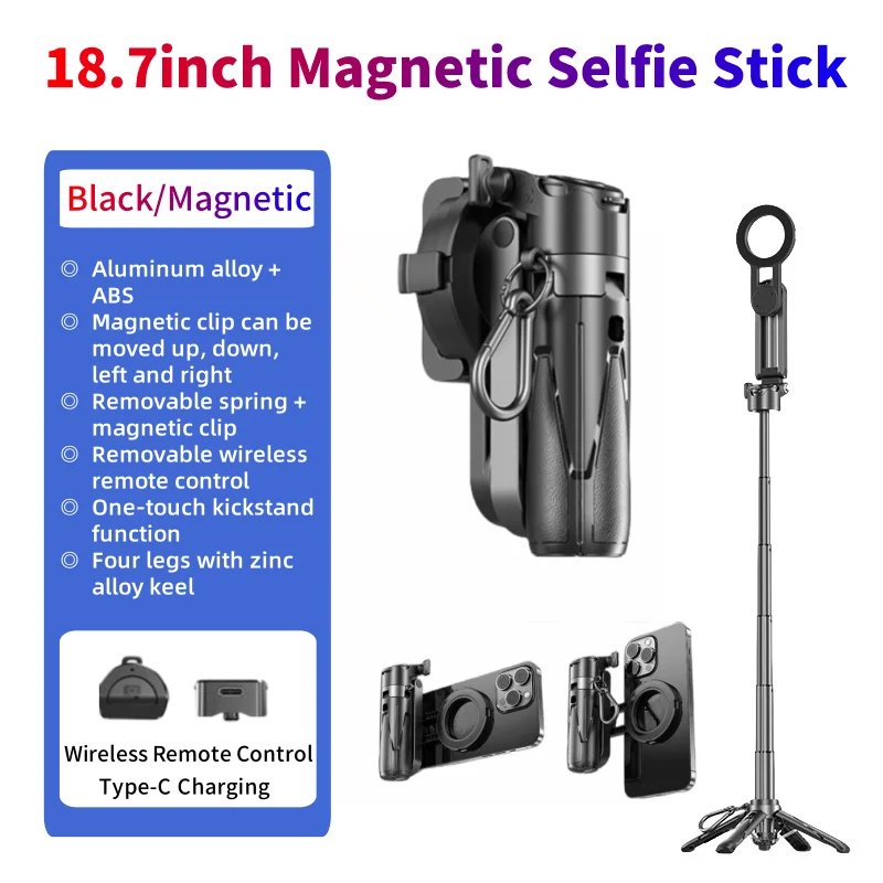 P15MiNi-C Upgraded Magnetic Selfie Stick Type-C Rechargeable Wireless Remote Controller 360° Rotation for Travel/ Live Streaming