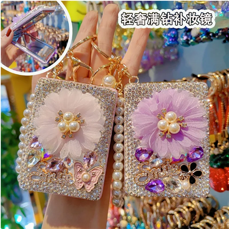 Bling Diamond Handheld Vanity Glass Portable Two-side Fold Makeup Mirror Mini Bag Charm With Pearl Chain Key Ring Pocket Mirror