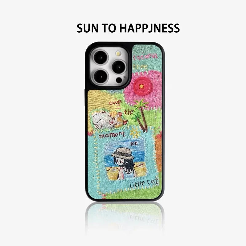 Ins Summer Splicing Beach Cat Girl Electroplated Frame Shockproof Chic Phone Case for IPhone 16 15 14 13 Pro Max Back Cover Capa