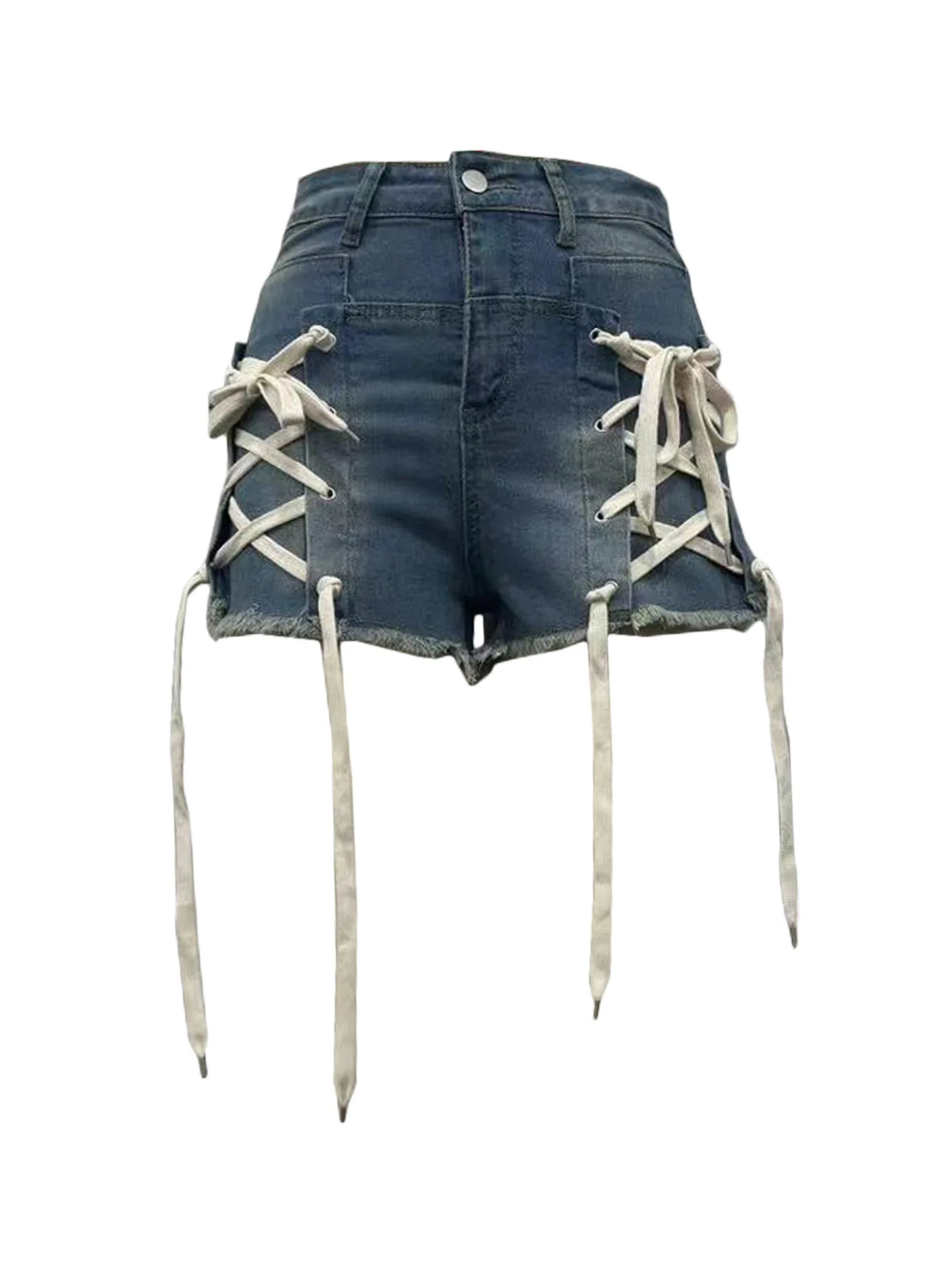 New Short Jeans Women Denim Washing Water Left and Right Cross Strap Shorts