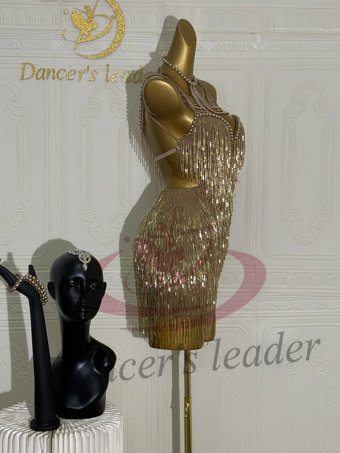 Vestido de baile latino para niños y adultos, piedra AB, tubo de perlas dorado personalizado de alta gama, borla de perlas, ropa de mujer Cha Tango