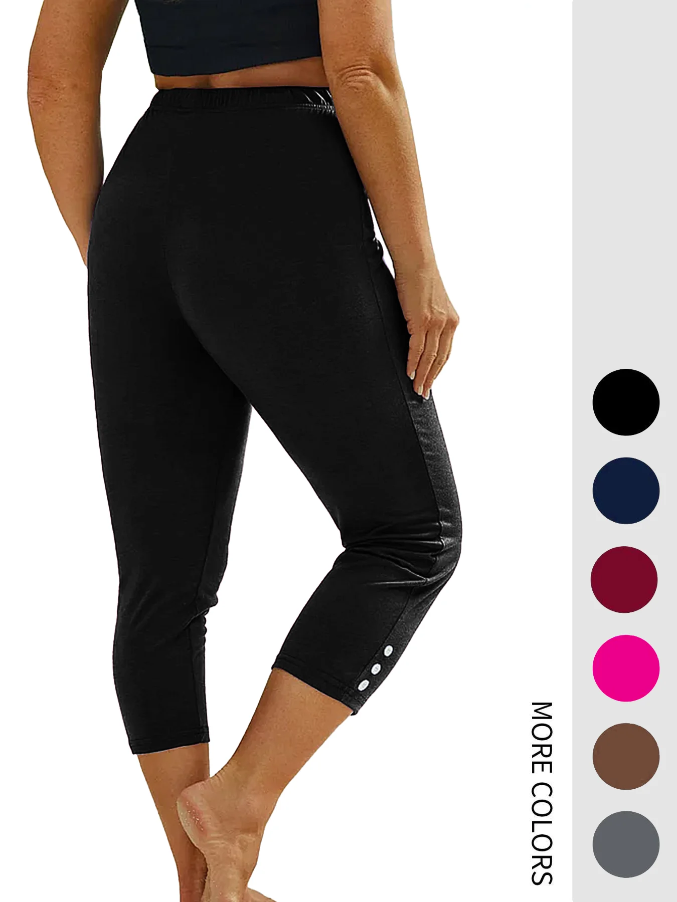 Plus Size Women's 7-Point Length Sports Pants, High Elasticity and Comfort, Button Decoration Fitness Yoga Pants Leggings