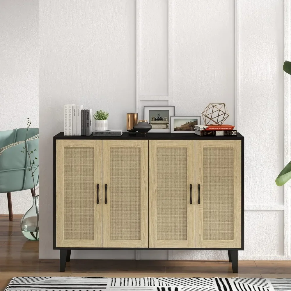 Armário Buffet com Decoração Rattan, 4 Portas, Sala e Aparador de Cozinha, 48,43x34,65x15 in