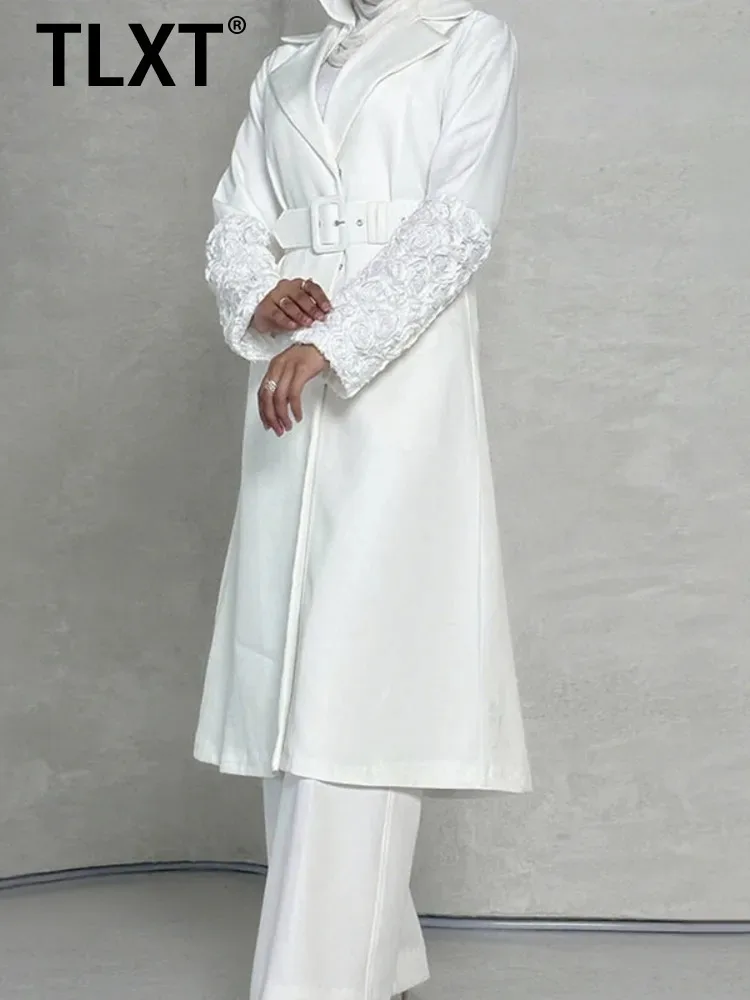 

TLXT модный женский белый плащ с поясом и лацканами с вышитыми рукавами, официальная длинная куртка, легкая верхняя одежда, новинка 2023 года