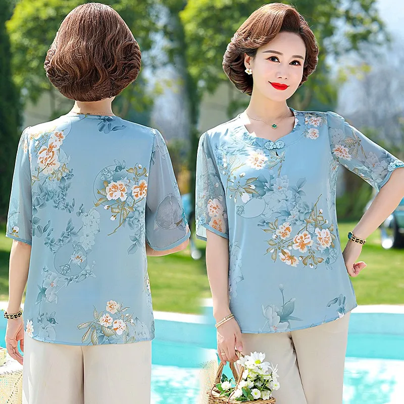 Elegant Women Blouses Tops Women\'s Summer Short sleeve Casual Print Simple Loose Round Neck Imitation silk Button Shirt