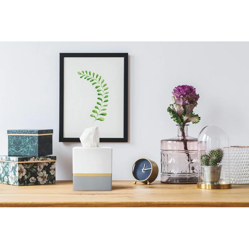 Day and Night Square Tissue Box, White and Grey with Gold Stripe