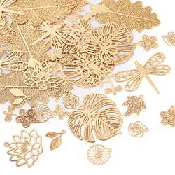 44Pcs Brass Hollow Filigree Plant Charms Lotus Flower Leaf Pendants  Long-Lasting Plated for DIY Bracelet Necklace Jewelry Craft