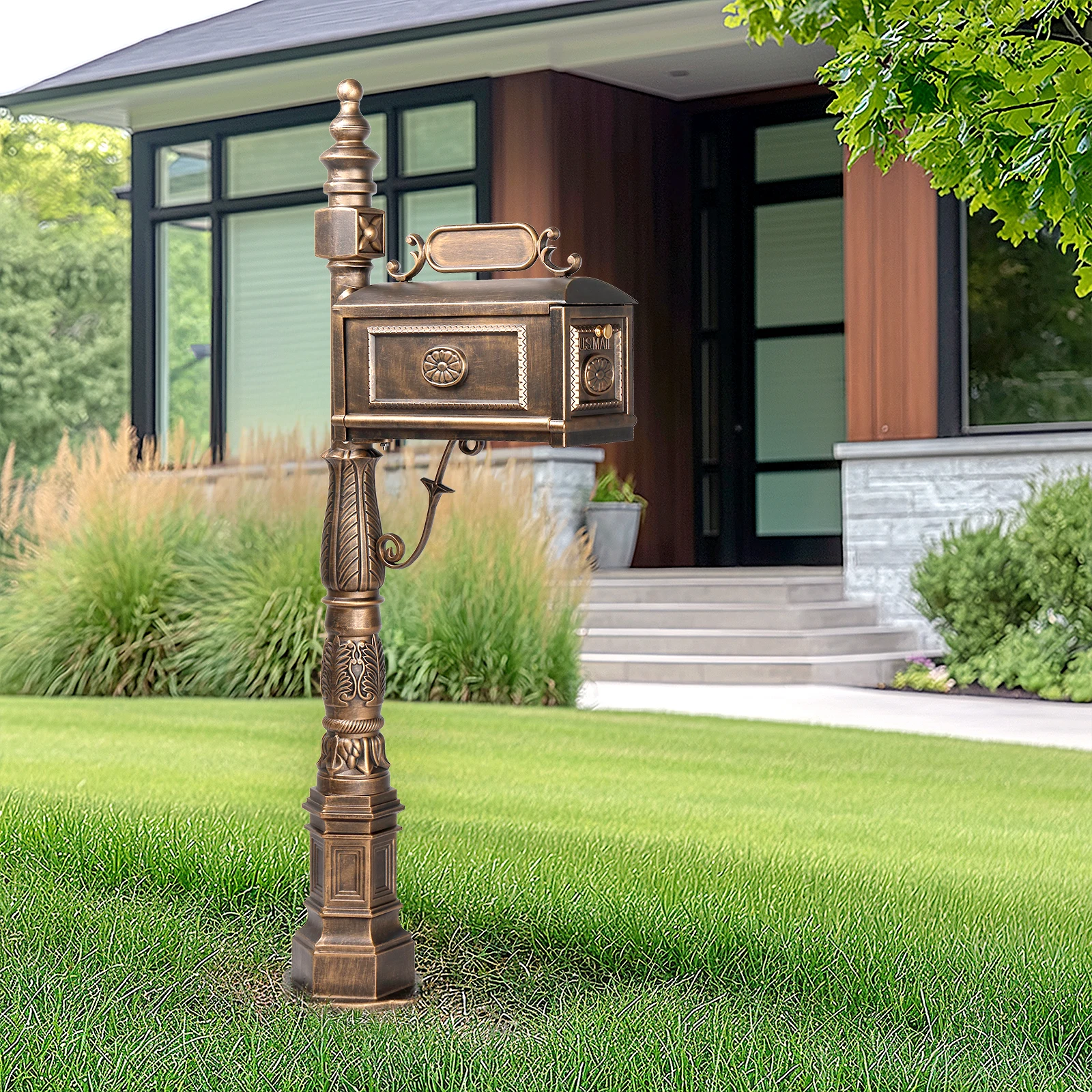 

Decorative Large Mailbox with Post, Heavy Duty Cast Aluminum Postal Mail Box with Address Plaque, Antique Bronze