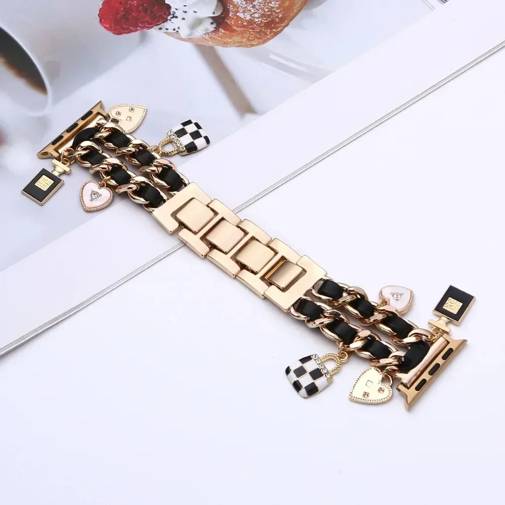 Women Metal+leather Strap for Apple Watch 10 42mm 46mm 9 8 7 41mm 45mm Cute Bracelet for Iwatch Series 6 5 Se 44mm 38 40mm Band