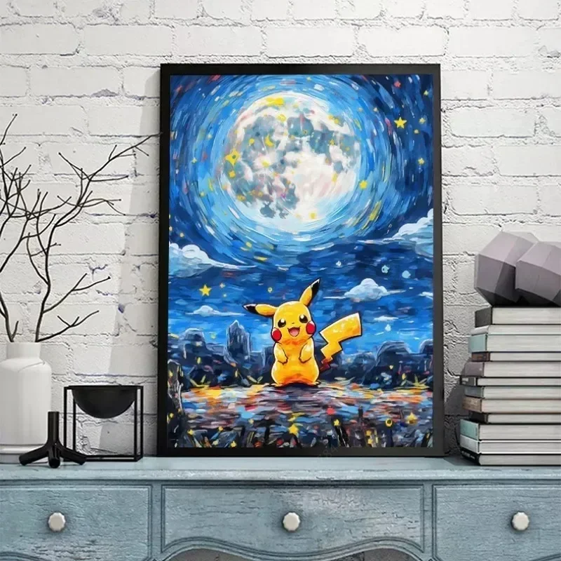 Van Gogh Sternen himmel Anime Figuren Tasche Monster Pikachu Aquarell Malerei Leinwand Poster druckt Wand kunst Bild Wohnzimmer