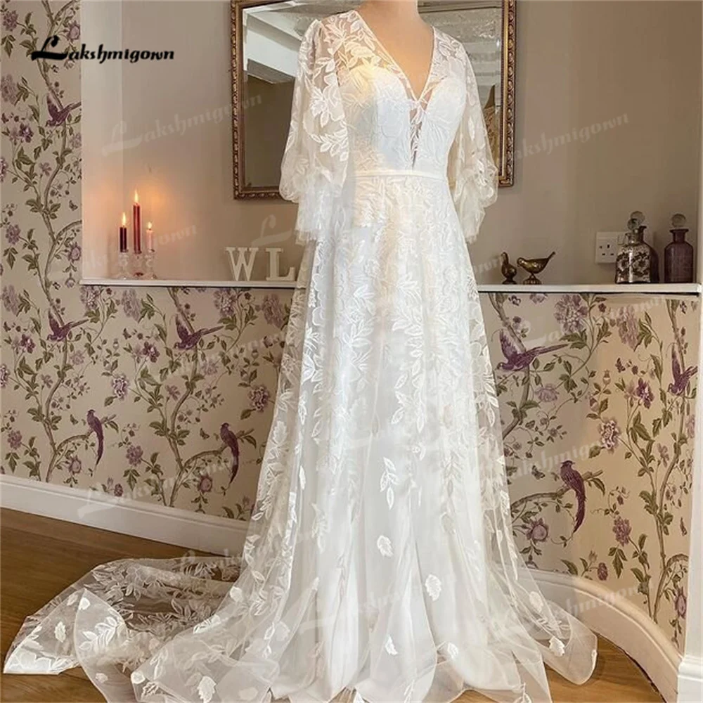 

Lakshmigown V neck A Line Wedding Dress 2025 Court Train Lace Elegant Wedding Gown vestidos vestidos de novia de talla de mariée