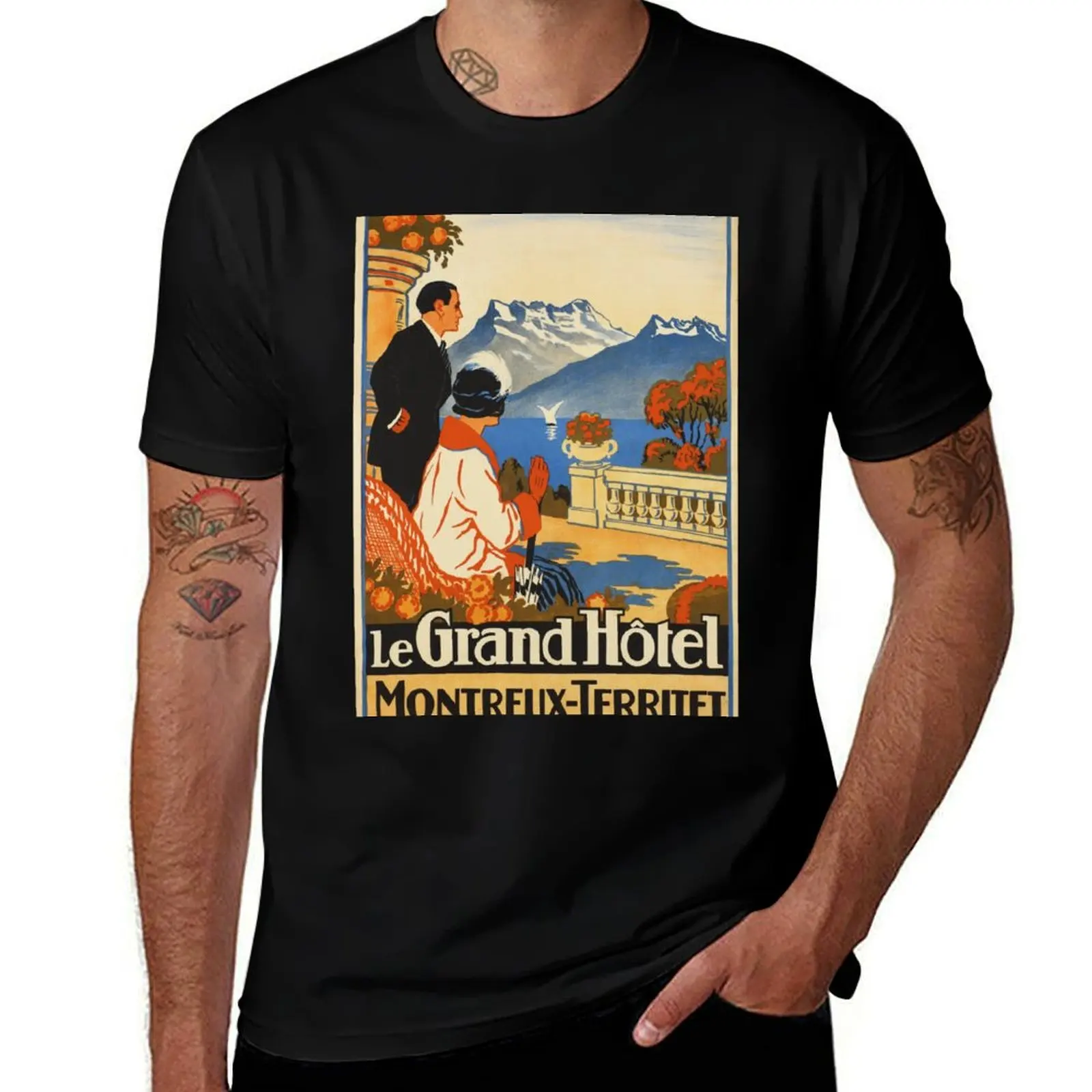 

LE GRAND HOTEL MONTREUX TERRITET 1925 by Audino Vintage Advertisement Poster Art T-Shirt Stylish Graphic Short Sleeve Top