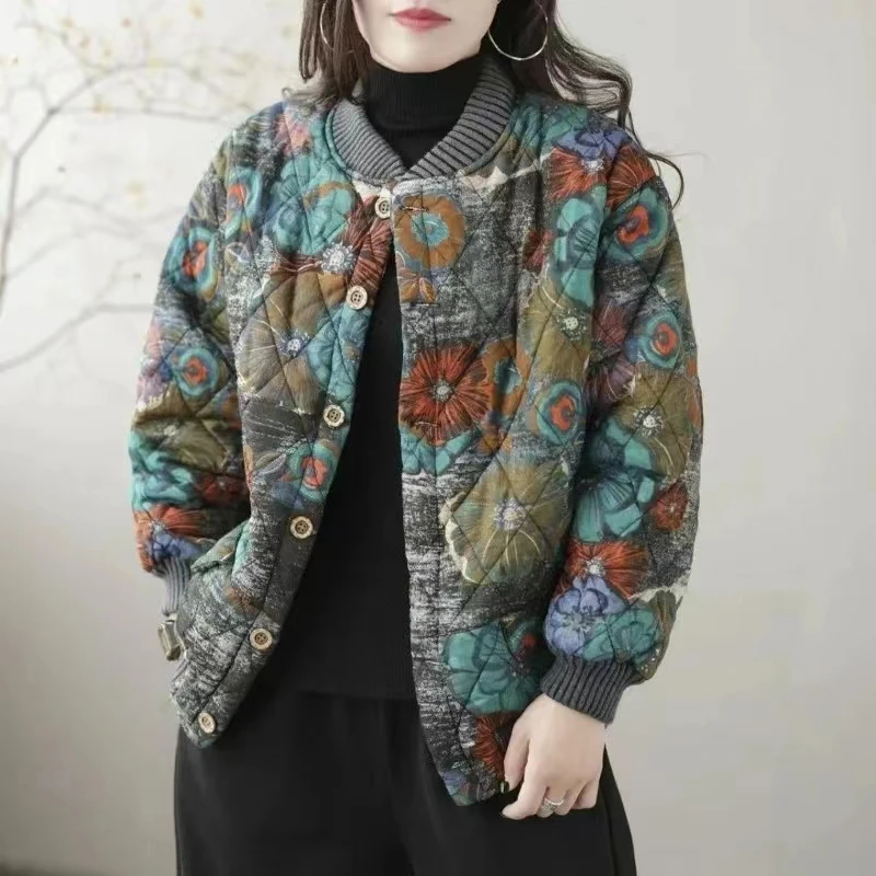 Manteau en coton à imprimé floral pour femme, parkas chaudes vintage, veste coréenne à manches longues, simple boutonnage, automne, hiver, nouveau