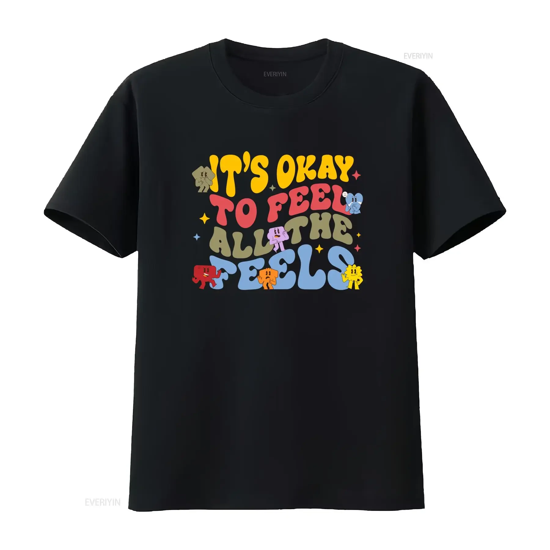 Retro Groovy Cartoon It's Okay To Feel All The Feels Quote Print Mental Health Casual T Shirt vintage Washed designer clothes