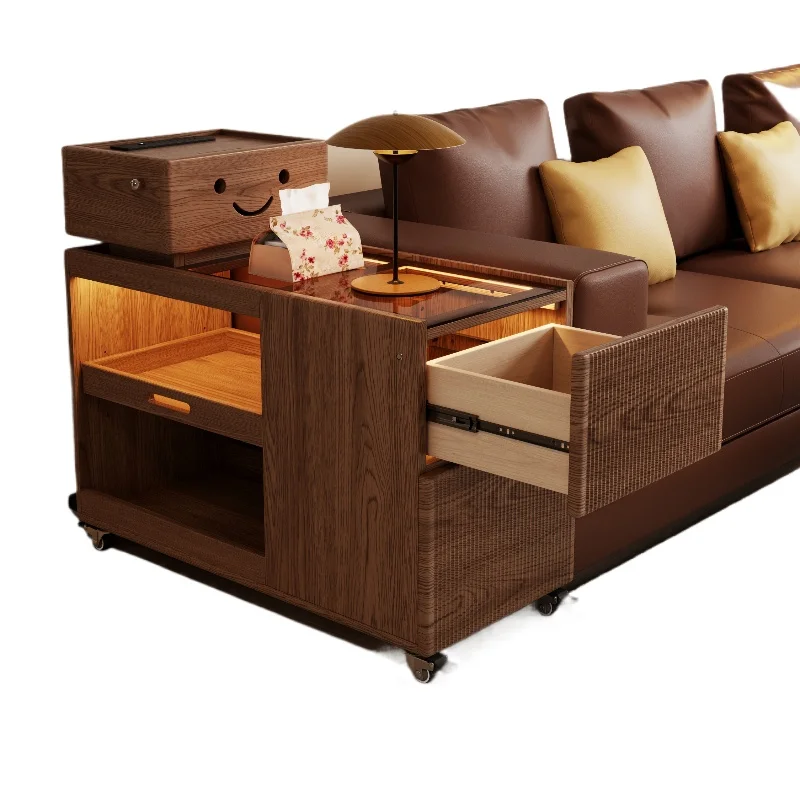 Robot sofa side cabinet, living room coffee table cabinet with socket, creative storage mobile solid wood edge table