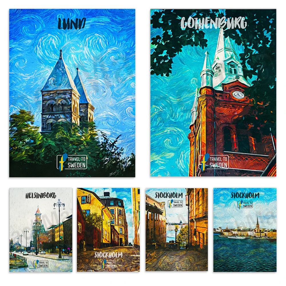 Uppsala Sweden, Stockholm Sweden, Lund Sweden, Helsingborg, oil painting art canvas print, travel poster of European cities