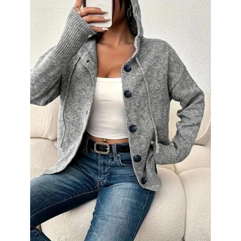 Women's Plain Button Front Drawstring Hooded Cardigan, Casual Drop Shoulder Long Sleeve Knitwear for Fall & Winter, Women's Knit