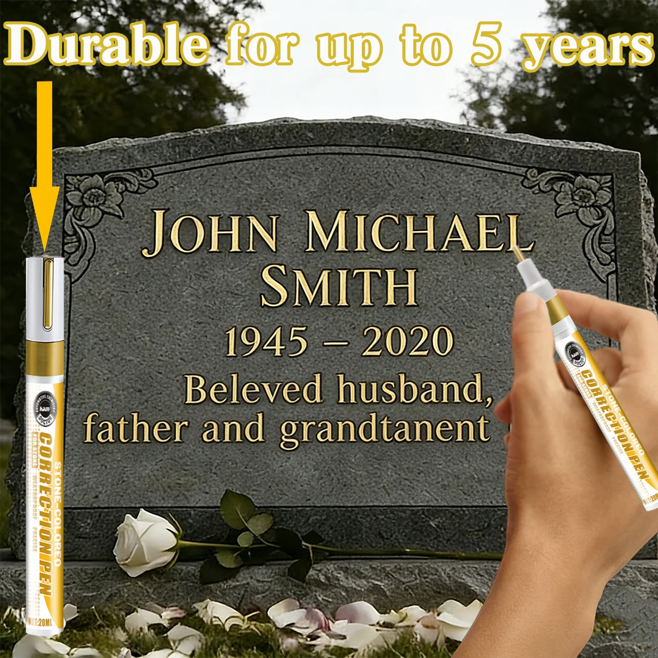 20ML Gold Stone-Colored Correction Pen Waterproof Quick-Drying 5-Year Durable Tombstone Lettering Repair Marker for Gravestones