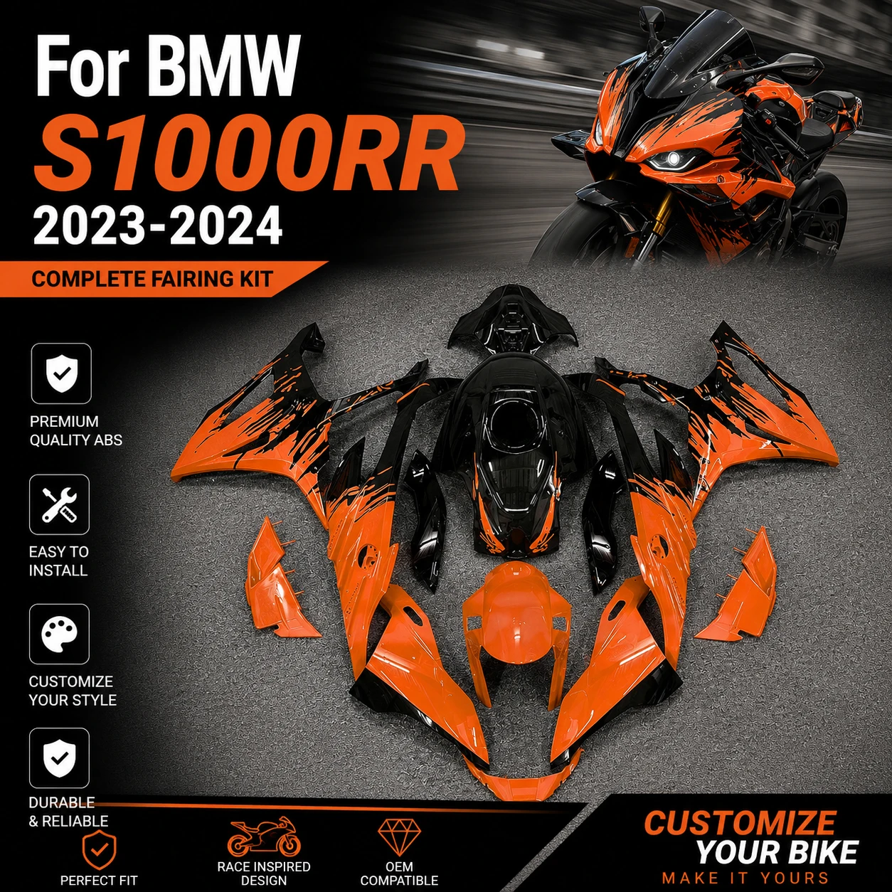 

Perfect Fit Fairings Kit for BMW S1000RR 2023 2024 S 1000RR Motorcycle Plastics ABS Injection Molded Complete Body Repair Shells