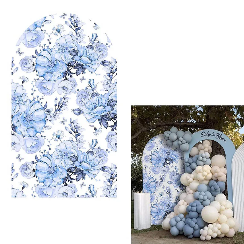 Mehofond Custom 2-Sided Blue Pattern Bloom Flowers Kids Birthday Wedding Bridal Shower Covers Chiara Arch Decor Backdrop Photo