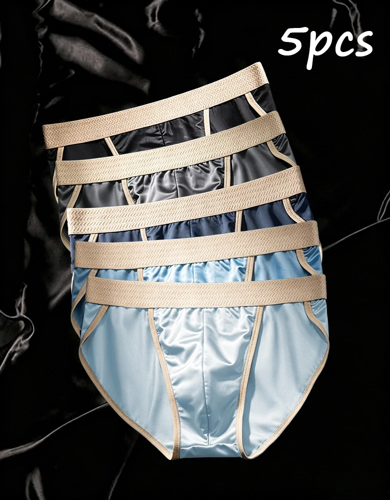 5 Pieces Men's Ice Silk Underwear High Luxury Satin Oil Gloss Cloth Large Size Briefs Loose Breathable Quick Drying Men Panties
